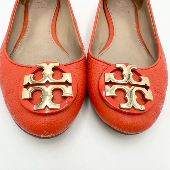 Tory Burch CLAIRE Ballerina Ballet Flat Shoe Samba Leather Logo Orange - Picture 3 of 9